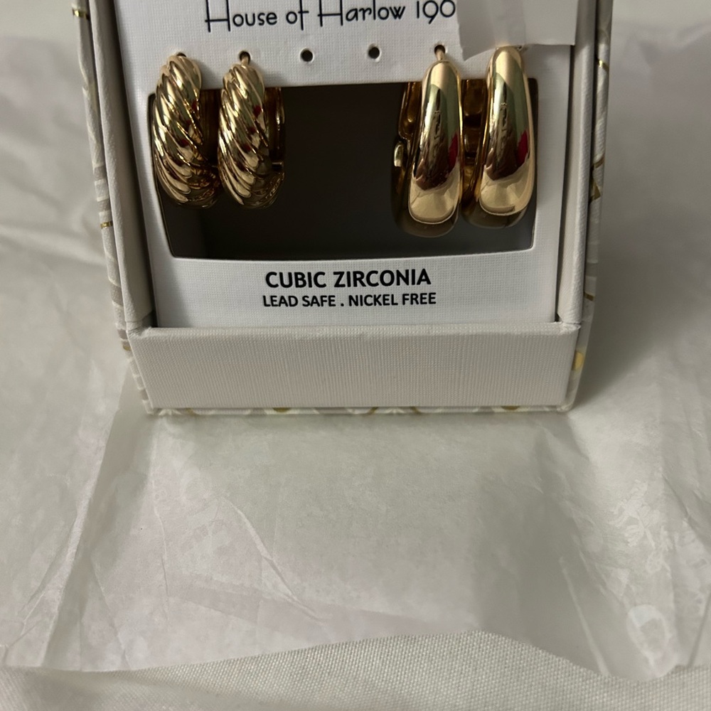 House of Harlow 1960 Gold Textured and Smooth Hoop Set New 2 sets of Huggies